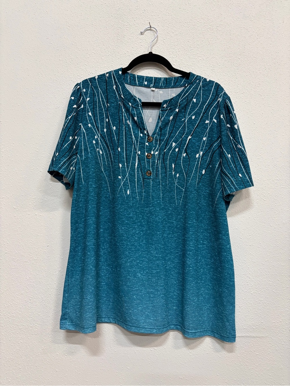 Women’s Short Sleeve Teal Henley Tee with Subtle Print